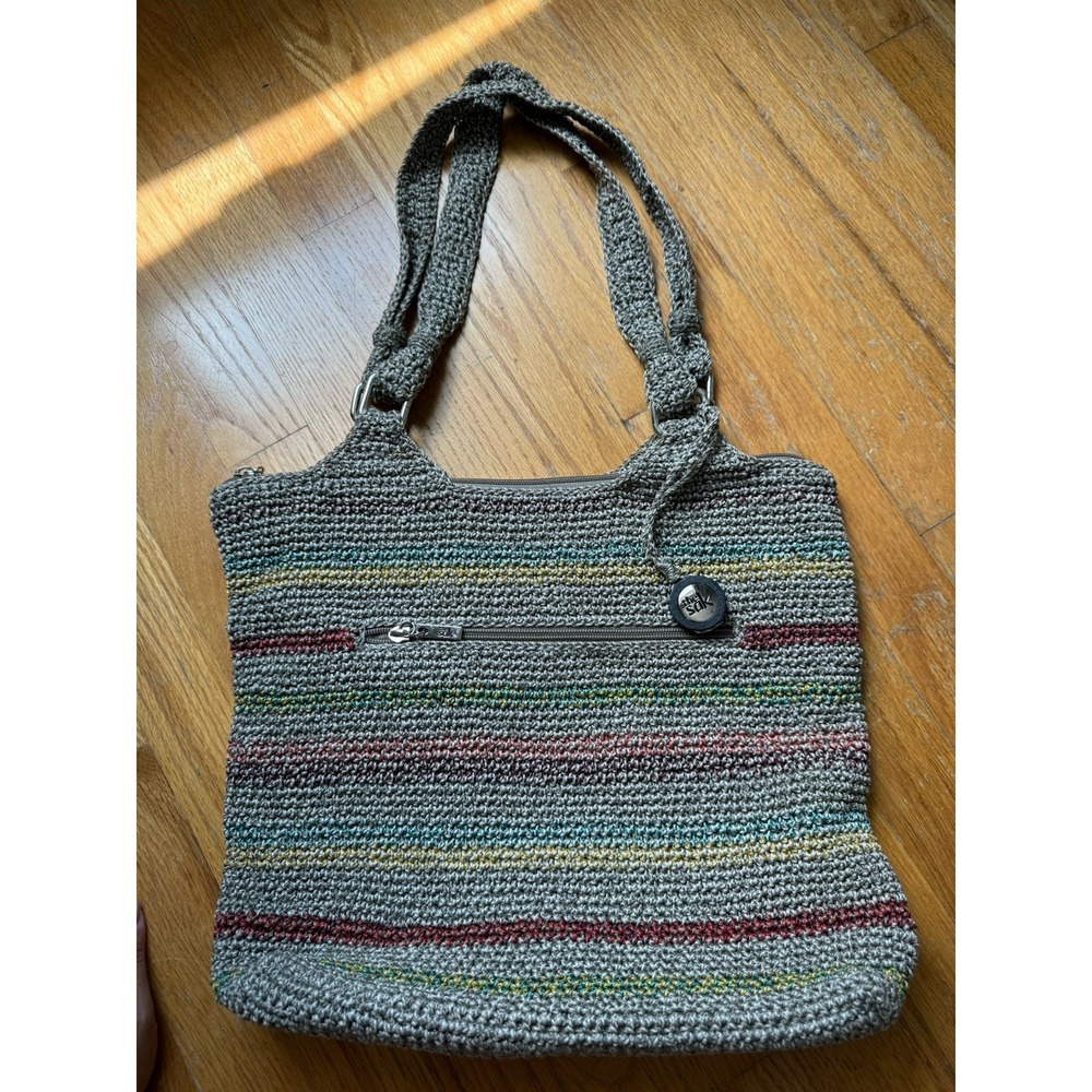 The Sak Crochet Knit Stripe Hobo Shoulder Bag Gray Multicolor Zip Tote Rainbow - Picture 2 of 3